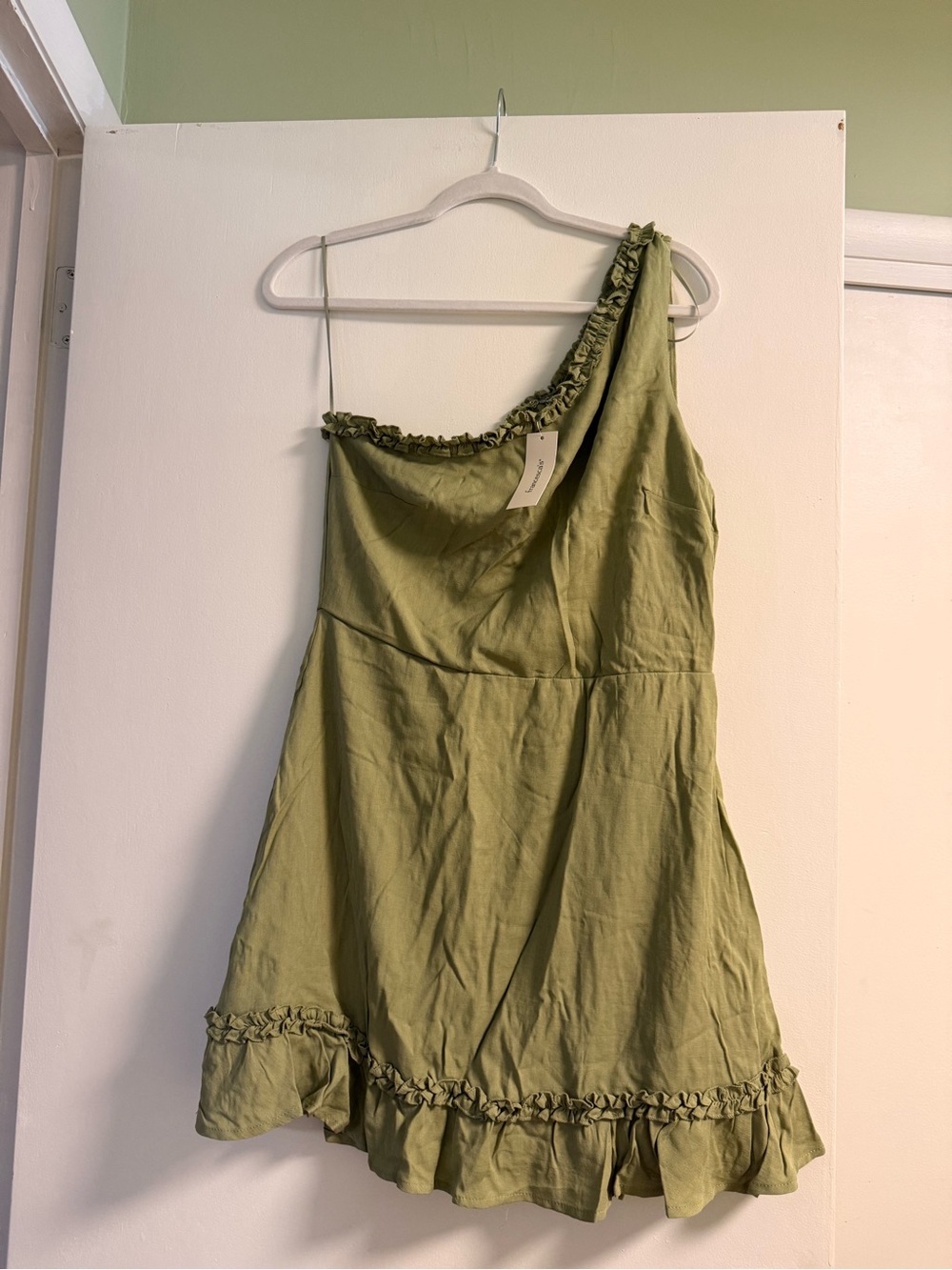 Francesca's Sage Green One-Shoulder Ruffle Dress